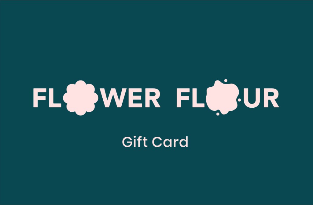 Deep teal Flower Flour gift card with the blush wordmark and the words Gift Card
