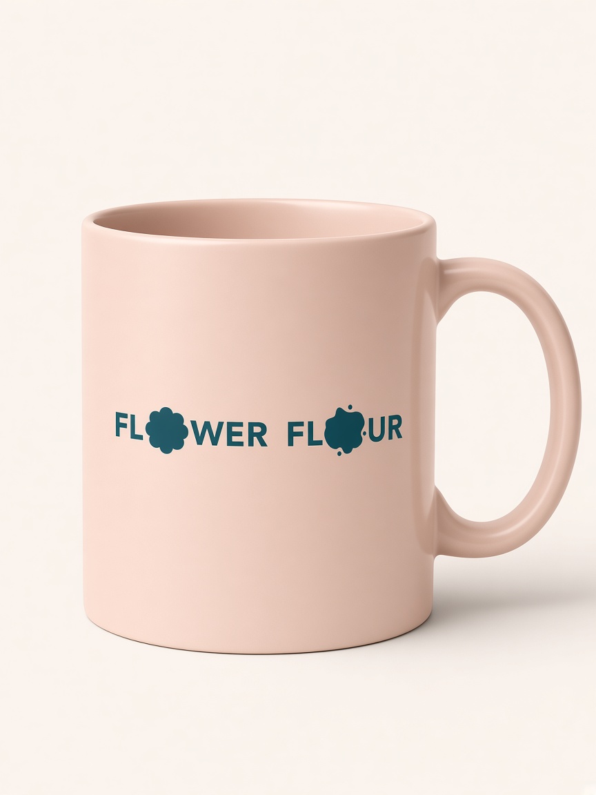 Blush Flower Flour ceramic mug with the teal wordmark