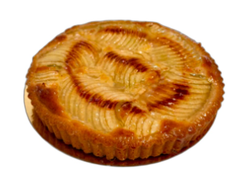 Whole apple pie with whipped cream rosettes and chopped nuts