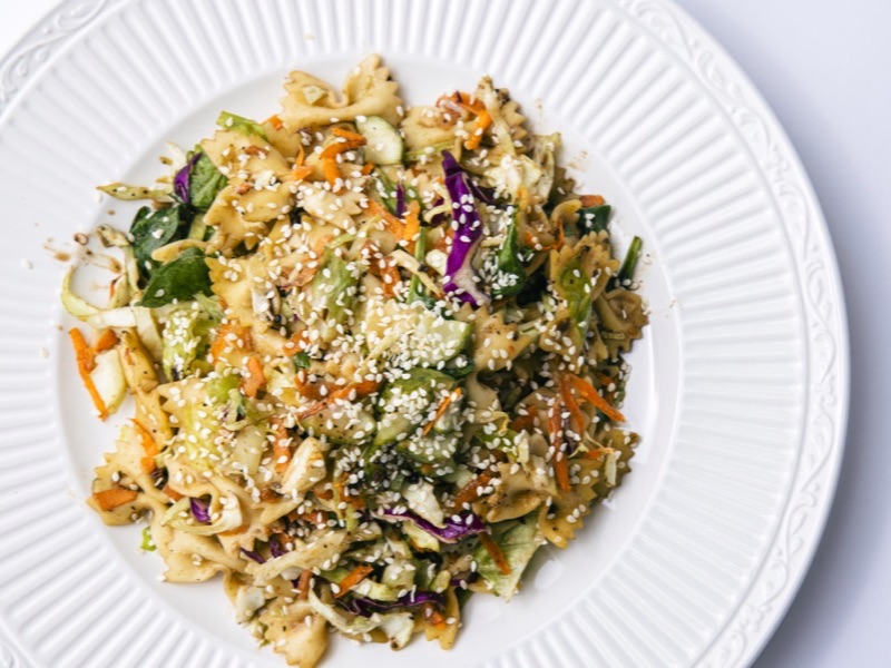 A sesame pasta salad with vegetables