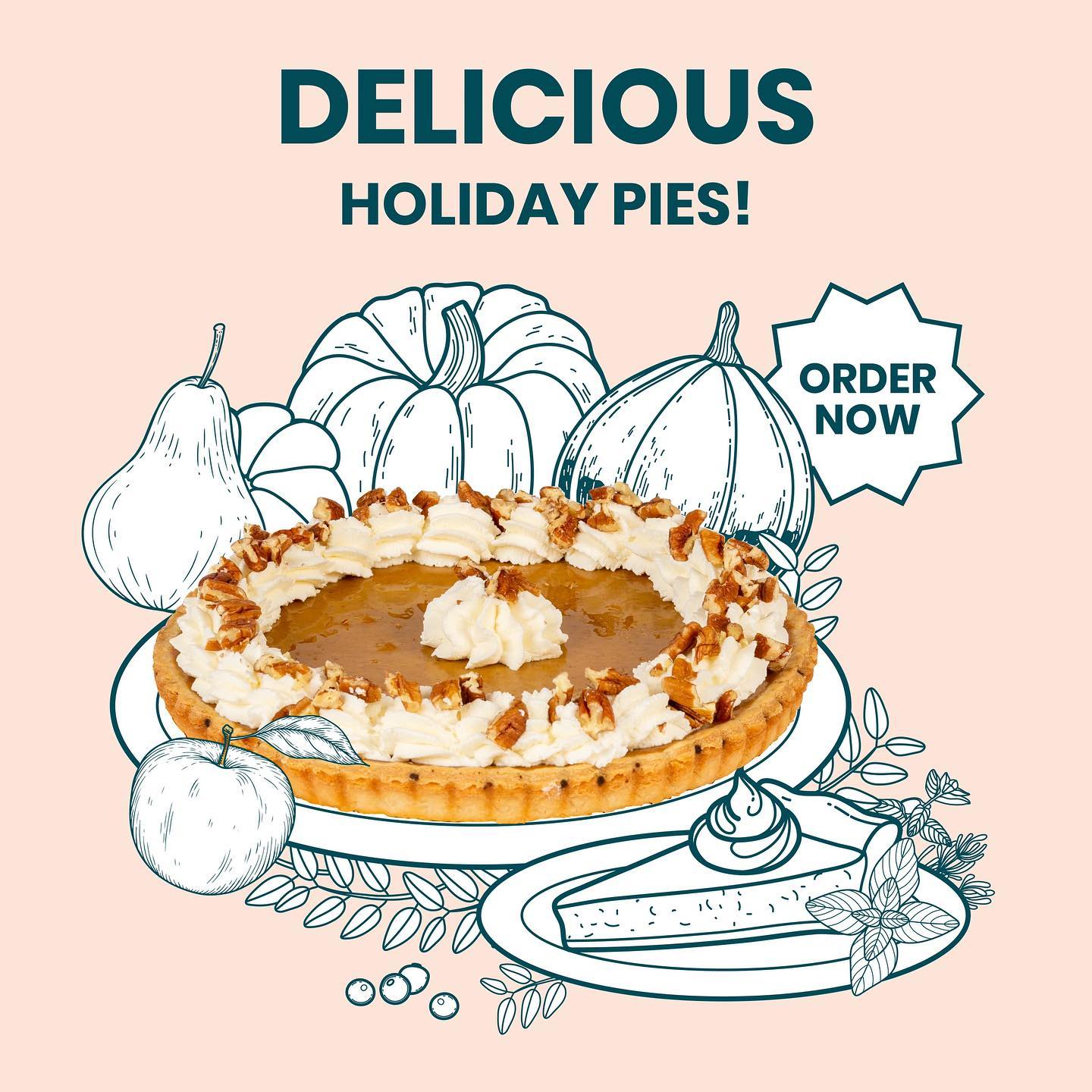 Delicious Holiday Pies artwork: a pie with whipped cream on a blush background surrounded by drawings of pumpkins, a pear, and an apple, with an Order Now badge
